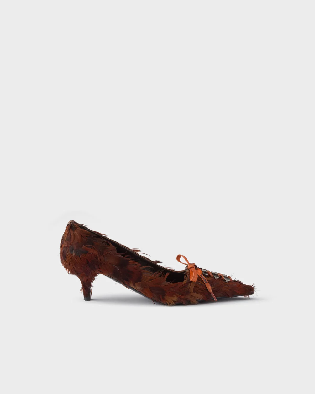 Prada Feather-Embellished Satin Pumps (Coffee)